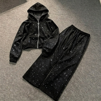 Ensemble de survêtement Terry en velours noir orné de strass avec sweat à capuche zippé et pantalon de jogging large – Confortable pour le streetwear et la course à pied