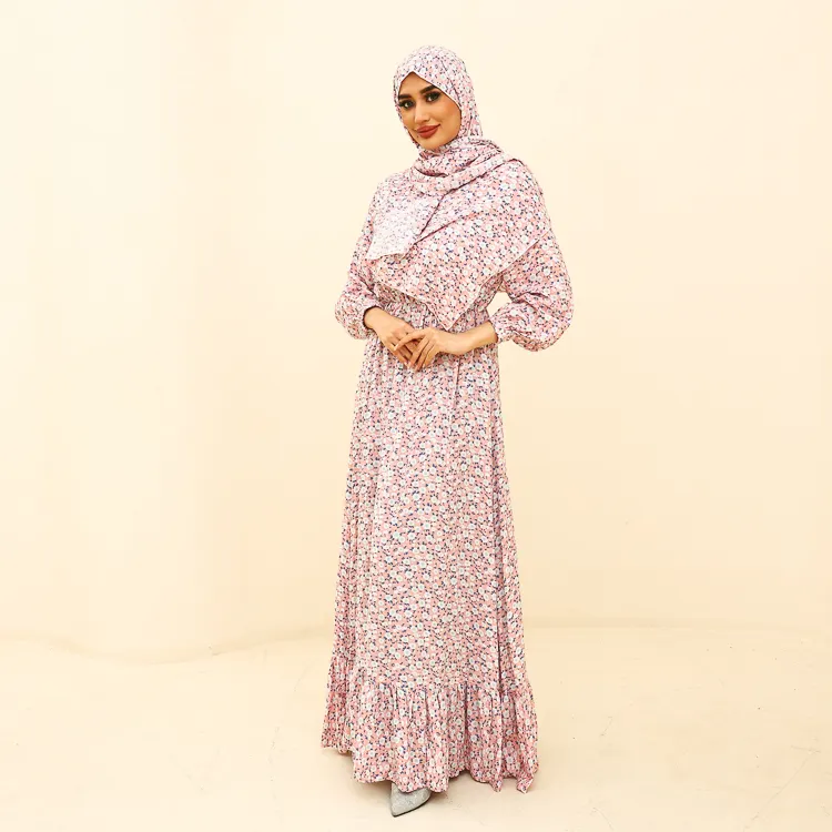 Nova Moda Eid Casual Confortável Abaya Islâmica Roupas Robe Floral Imprimir Manga Longa Abaya para Mulheres Muçulmanas