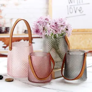 Factory Produced High Quality Colored Flower Vase Hanging Terrarium Hanging Glass Vase With Leather Belt For Home Decor
