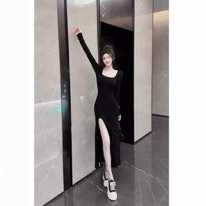 Women Long Sleeve Bodycon Dress Black Solid Color Knitted Stretch High Slit Long Skirt Spring Autumn Wear - Product Image 5