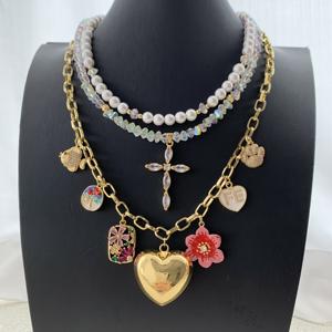 LS-C5271 שרשרת קסמיה מפוארת שרשרת פרח לב צלב שכבה כפולה מתנה קריסטל מים מתוקים - Product Image 1