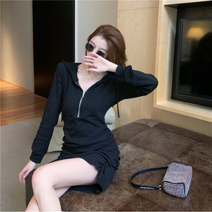 Hooded Sweatshirt Dress Black Coffee Color Bodycon Long Sleeve Zipper Front Women's Slim Fit Casual Dress - Product Image 4