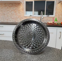 Assiette à fond plat en acier inoxydable de style américain, écologique, avec motif en relief, plateau épais pour aliments et fruits, incrustation dorée gravée