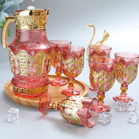 Ensemble de verres à eau en verre avec pichet et couvercle, 7 pièces, or avec rouge, argent avec bleu, vente en gros