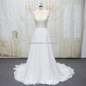 <span class=keywords><strong>Vestidos</strong></span> de novia modernos de una línea de gasa hermosa <span class=keywords><strong>playa</strong></span> con encaje hasta el suelo tren capilla - Product Image 1