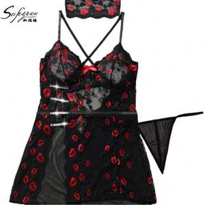 Sfy3656 Nuevo y Atractivo Camisón Corto Sexy con Bordado de Labios Rojos, Tirantes Cruzados, Espalda Descubierta, Lencería Transparente para el Hogar - Product Image 6