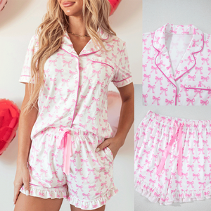 Pigiami da notte con stampa personalizzata con fiocco rosa per donna set di abbigliamento da salotto primavera morbidi in <span class=keywords><strong>cotone</strong></span> - Product Image 1