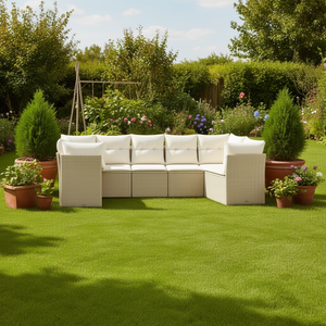 Juego de Sofás de Jardín de Ratán Color Crema Beige, Muebles de Exterior de Diseño Contemporáneo, Cojines de Espuma de Alta Densidad Resistentes al Agua - Product Image 2