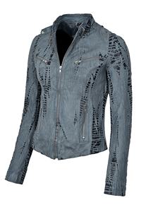 Veste pour femme en cuir Nappa gris 100% véritable, texture croco gaufrée, quincaillerie haut de gamme, marque privée, OEM/ODM, vente en gros - Product Image 2