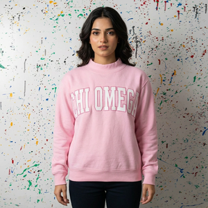 Sudadera CHI OMEGA con Cuello Alto, 100% Algodón, BLANCA, Apliques Bordados Personalizados, Sudadera de Cuello Ancho, CLUSH SPORTS - Product Image 1