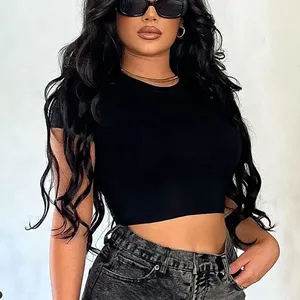 T-shirts tube en maille sexy pour femmes, vente en gros, crop tops personnalisés avec logo, décorations boutonnées en diamant, crop tops côtelés noirs à imprimé uni - Product Image 4