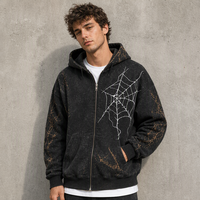 Sweat-shirt à capuche zippé pour homme, noir délavé à l'acide, motif toile d'araignée, effet vieilli, style grunge vintage, avec logo personnalisé, Fabricant