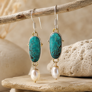 Eleganti Orecchini Pendenti con Pietra Verde Oceano e Perle, Orecchini Creativi a Goccia per Donne - Product Image 3