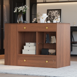 Wholesale Closet Island with 6 Drawers, <b>Walnut</b> Bedroom Wardrobe Armoire with Glass Top & Open <b>Shelves</b> for Jewelry Storage - Product Image 5