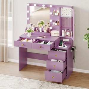 Moderno y Duradero Tocador <span class=keywords><strong>de</strong></span> Madera Ajustable para Dormitorio con Espejo, Luces, Mesa <span class=keywords><strong>de</strong></span> <span class=keywords><strong>Maquillaje</strong></span>, 5 Cajones, Enchufe y Silla - Product Image 3