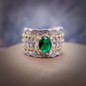 Vintage Court Style Openwork Diamond Ring Two Tone Emerald Pigeon Egg Women's Wedding Jewelry - Product Image 4