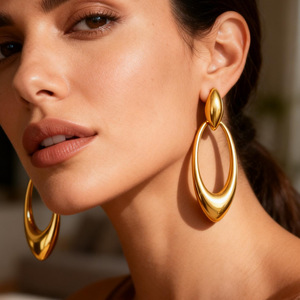 Boucles d'oreilles créoles en acier inoxydable plaqué or, forme ovale goutte d'eau, bijoux de mode pour le bureau et la carrière - Product Image 1