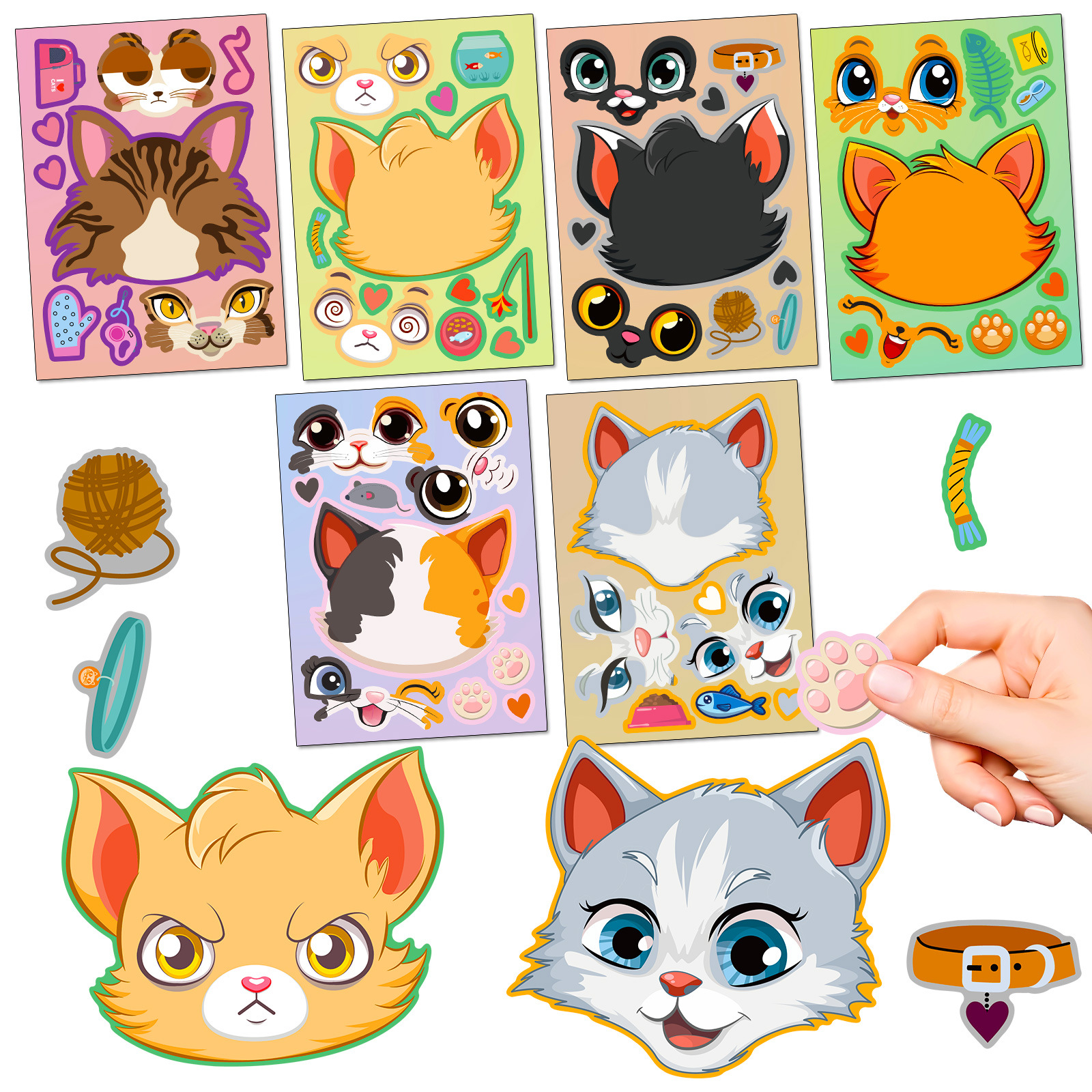 6-t01041393 : Autocollants changeant de visage de chat de dessin animé - 6 feuilles/sachet