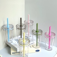 Nouvelle tasse à paille en plastique PS de 450 ml, multicolore, avec paille bonbon, pour fêtes – Réutilisable, anti-fuite, sans BPA, compatible lave-vaisselle