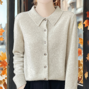 100% Pure Wool <b>Women's</b> Vintage Solid <b>Cardigan</b> Turn-Down Collar Long Sleeve Autumn New Loose Fit Slimming Knit <b>Button</b> - Product Image 2