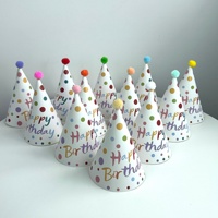 Chapeau d'anniversaire jetable en papier de 20 cm avec pompon en fourrure pour enfants et adultes, décoration de fête d'anniversaire, motif à pois Joyeux Anniversaire