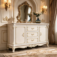 Buffet de luxe européen avec plateau en marbre, sculpté à la main, en bois massif, avec garniture dorée, armoire de rangement pour salle à manger, vente en gros