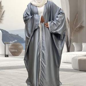 9.9 Smooth Satin Muslim Women Latest <b>Abaya</b> Shiny Diamond With Lace Border Batwing Sleeves Gaily New Muslim Open <b>Abaya</b> 1429# - Product Image 4