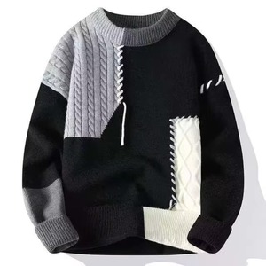 Pull en laine et polyester jacquard patchwork pour homme, tricot ample, lavable en machine, tendance pour l'hiver - Product Image 5