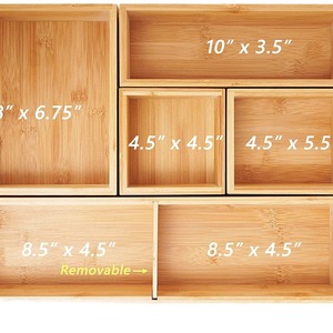 Caja de almacenamiento de bambú con múltiples compartimentos, organizador de escritorio rectangular para clasificar y organizar suministros de oficina - Product Image 3