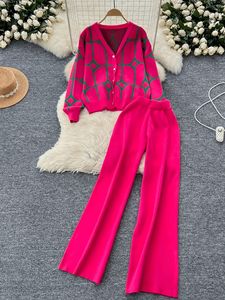 Fall Women's Jacquard V-Neck <b>Cardigan</b> <b>Sweater</b> & Long Pants Stylish Knit 2-Piece Set Fashion - Product Image 3