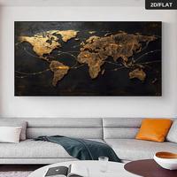 Mural Moderno Abstracto del Mapa del Mundo en Dorado con Flechas Conectadas, Acabado Metálico Negro y Dorado sobre Lienzo para Sala de Estar
