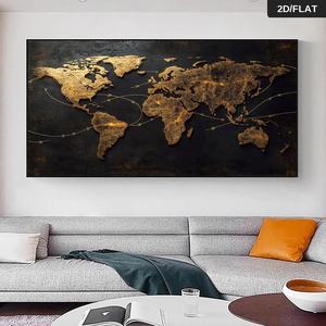 Mural Moderno Abstracto del Mapa del Mundo <span class=keywords><strong>en</strong></span> Dorado con Flechas Conectadas, Acabado Metálico Negro y Dorado sobre Lienzo para Sala de Estar - Product Image 4