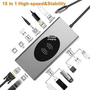 OEM Offre Spéciale Adaptateur MultiPort 15-en-1 type-A Station d'accueil HDMI + VGA + USB3.0 + SD + TF + RJ45 + PD + AUDIO3.5.