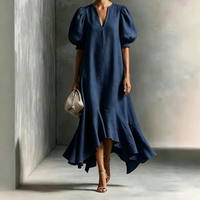 Nouvelle Robe Longue Tissée Respirante 2026 à Col en V, Manches Bouffantes, Taille Empire Amincissante, Couleur Unie et Ourlet Irrégulier – Tendance et Élégante