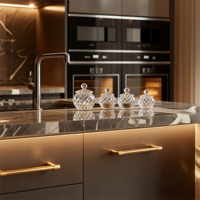 Ensemble de meubles de cuisine de luxe européens JINGSHUN avec îlot, en bois PET, pierre frittée, laque et finition mélaminée, avec robinet