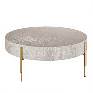Mesa de Centro Redonda con Incrustaciones de Madreperla, Mesa de Centro de Madera Blanca con Patas de Metal en Tono Dorado, Muebles Modernos para Sala de Estar - Product Image 1