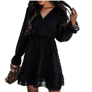 European and American style spring and summer fashion V-neck long-sleeved ruffled slim slimming dress women