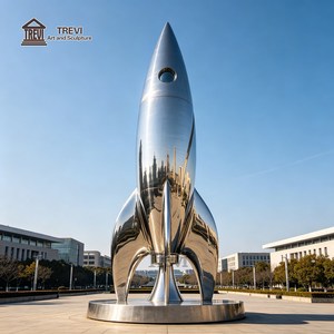 Sculpture <span class=keywords><strong>de</strong></span> fusée TREVI en acier inoxydable avec grand miroir |   Statue moderne en métal pour l'extérieur, idéale pour les places et les lieux culturels publics - Product Image 1