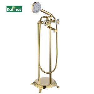 Robinet de bain sur pied en laiton KAHNOS, eau chaude et froide, avec douchette latérale en bois - Product Image 1