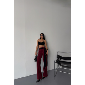 Women's Casual XL High-Waisted Wide-Leg Pants with Breathable Side Stripe and <b>Belt</b> Detail <b>Burgundy</b> Colored-Wash - Product Image 4