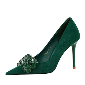 825-H27 BIGTREE Talons hauts de banquet version coréenne pour chaussures de femmes, talon fin en daim, bouche peu profonde, pierres précieuses pointues rhi - Product Image 4