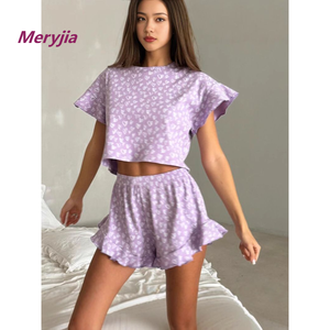 Conjunto Casual de Moda Europea y Americana para Mujer, Verano 2025, Estampado, con Mangas Cortas con Volantes y Cuello Redondo - Product Image 1