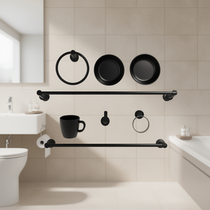 Elite Towel Rack Set 6-Piece Black Zinc Alloy Wall Mounted Bathroom Hardware Minimalist Design - Product Image 2