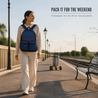Sac à dos décontracté en PU avec logo personnalisé, léger, pour le sport quotidien, avec deux poches avant zippées, idéal comme sac promotionnel.
