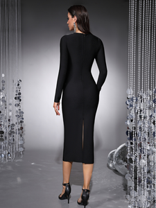 Abito Midi Aderente <span class=keywords><strong>Nero</strong></span> con Strass, Pannello in Rete Trasparente e <span class=keywords><strong>Maniche</strong></span> <span class=keywords><strong>Lunghe</strong></span> per Cocktail Party e Boutique - Product Image 3
