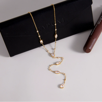 Collier chaîne longue en forme de Y en acier inoxydable plaqué or 18 carats PVD avec zircon cubique délicat