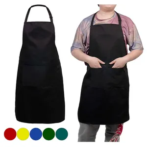 Delantal de chef negro con babero de algodón y poliéster con logotipo impreso personalizado ajustable para cocinar, barbacoa, asar, delantales de cocina para hombres y mujeres