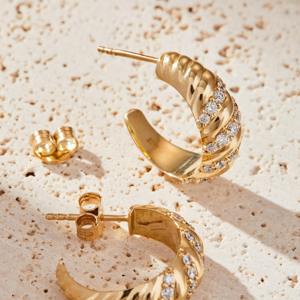 14K Gold Lab Grown Diamond Huggie Hoop Earrings_ Elegant Twist Design - Product Image 3