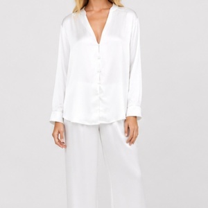 <span class=keywords><strong>Pigiama</strong></span> di Lusso in <span class=keywords><strong>Raso</strong></span> di Seta <span class=keywords><strong>Bianco</strong></span> per Donne Taglie Forti, Set Due Pezzi Casual con Maniche Lunghe e Colletto - Product Image 3