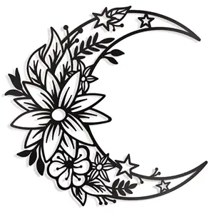 Moon Metal Floral Art Decor Large Floral Moon And Star Phase Wall Signs For Half Moon Flower Sculpture Hanging Wall Decor